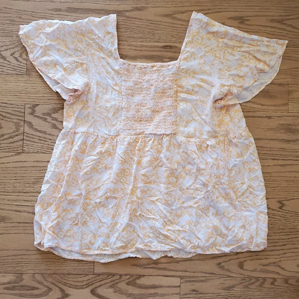 Isabel Maternity Yellow Floral Ruffle Sleeve Top Button XL EUC - Picture 1 of 3
